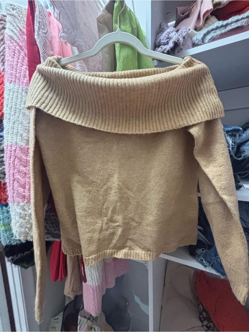 Francesca's Collections Off-the-Shoulder Sweater in Camel